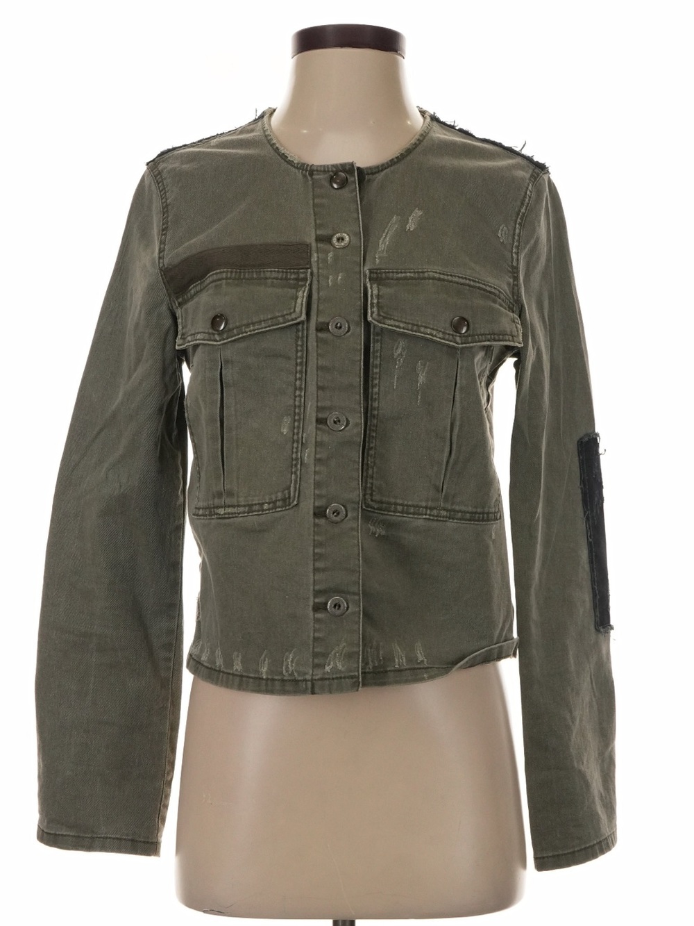 Free People Black Green Button Front Distressed Detail Jacket: Front Pockets• S - Picture 3 of 8